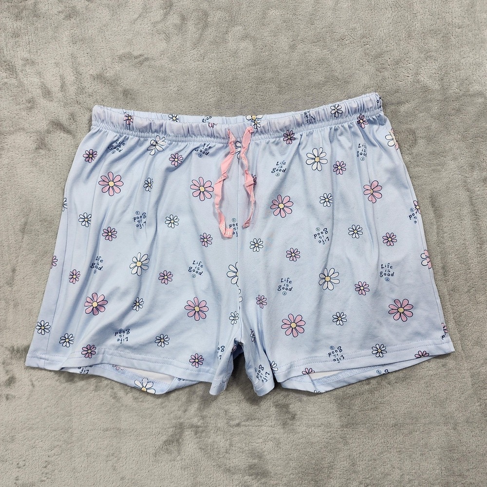 Life Is Good Shorts Womens M Blue Daisy Floral Sleep Pajama Lounge Cute Quotes